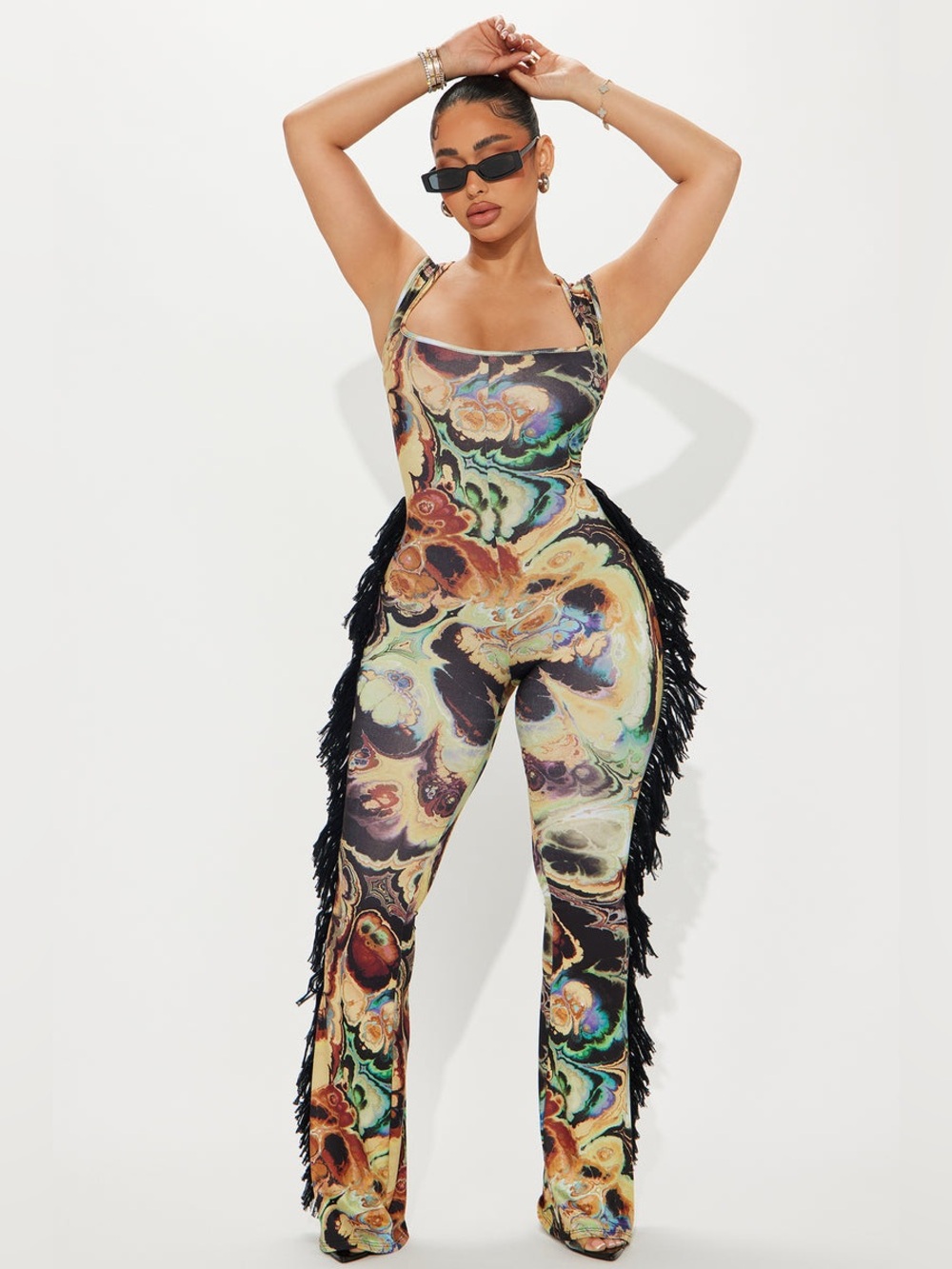 Fashion Nova Multicolor Marble Print Fringe Jumpsuit - Black Accents
